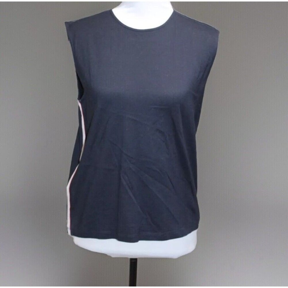 PRADA Sleeveless Top Women's Medium Cotton Crew Pullover Side Stripe Navy Blue